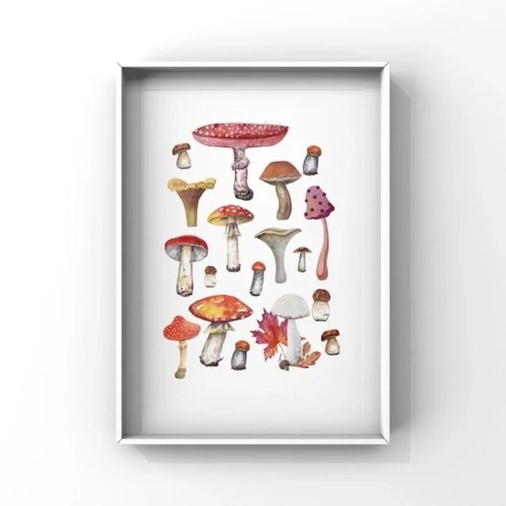 Mushroom art print variety of collections vibrant retro watercolor art print
